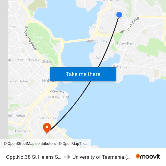 Opp.No.38 St Helens Street to University of Tasmania (UTAS) map