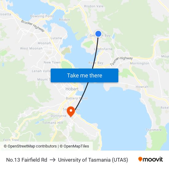 No.13 Fairfield Rd to University of Tasmania (UTAS) map