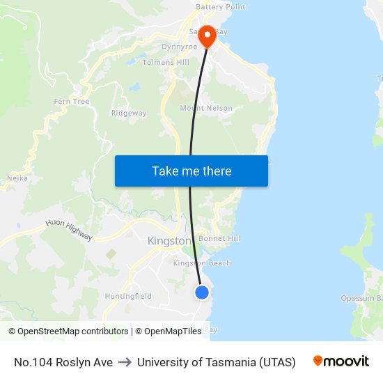 No.104 Roslyn Ave to University of Tasmania (UTAS) map