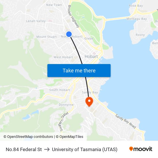 No.84 Federal St to University of Tasmania (UTAS) map