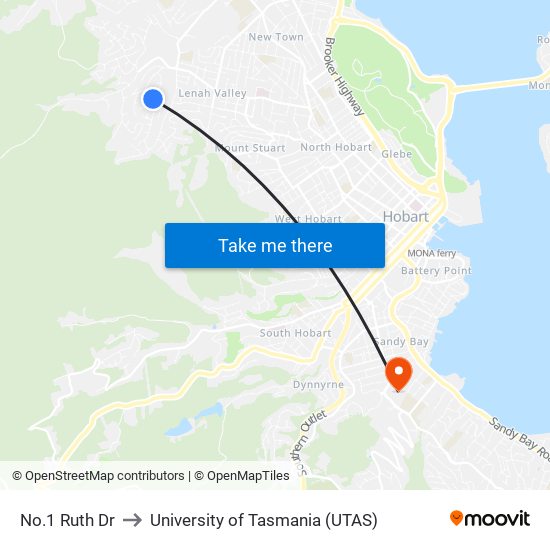 No.1 Ruth Dr to University of Tasmania (UTAS) map