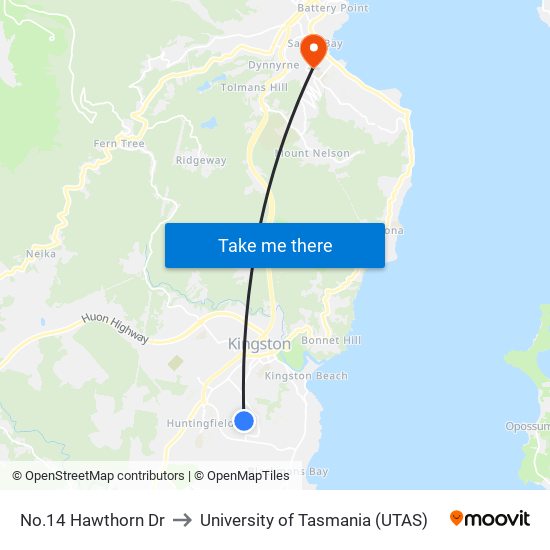 No.14 Hawthorn Dr to University of Tasmania (UTAS) map