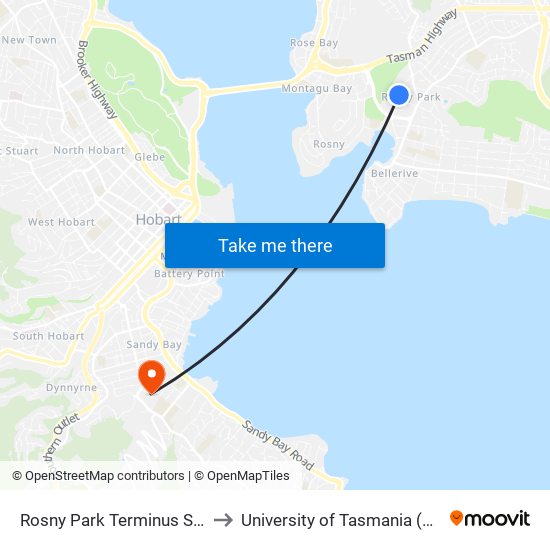 Rosny Park Terminus Stop F to University of Tasmania (UTAS) map