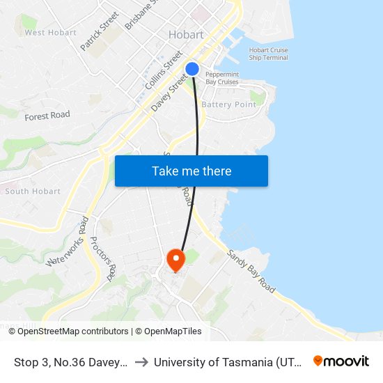 Stop 3, No.36 Davey St to University of Tasmania (UTAS) map