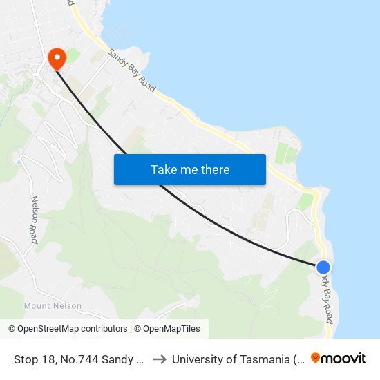 Stop 18, No.744 Sandy Bay Rd to University of Tasmania (UTAS) map