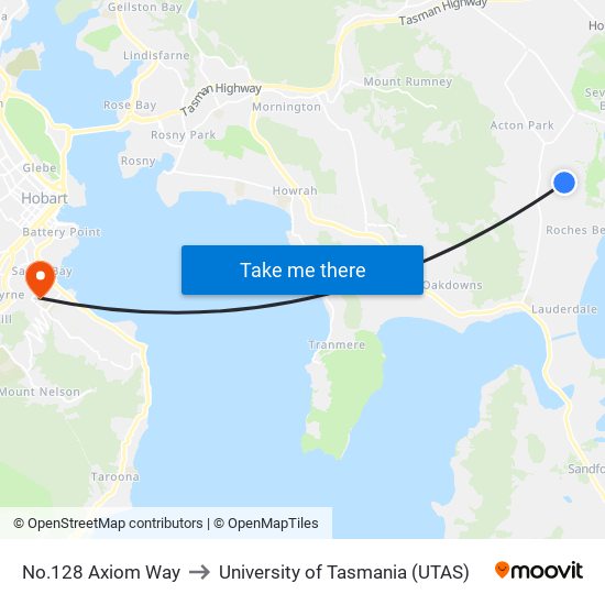 No.128 Axiom Way to University of Tasmania (UTAS) map
