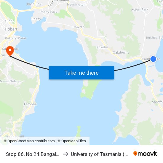 Stop 86, No.24 Bangalee St to University of Tasmania (UTAS) map