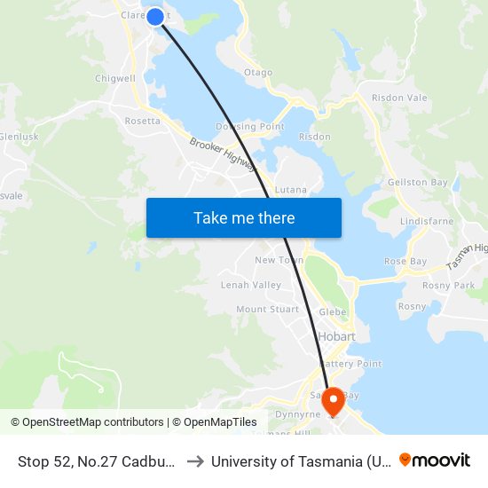 Stop 52, No.27 Cadbury Rd to University of Tasmania (UTAS) map