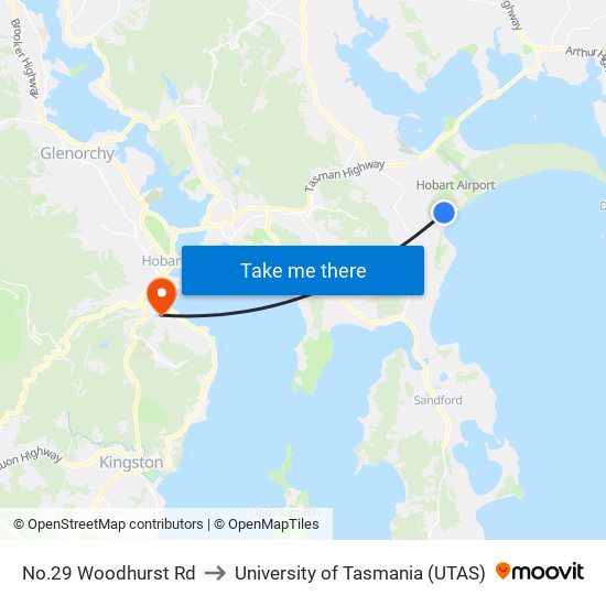 No.29 Woodhurst Rd to University of Tasmania (UTAS) map