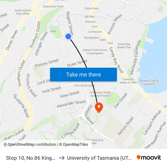 Stop 10, No.86 King St to University of Tasmania (UTAS) map