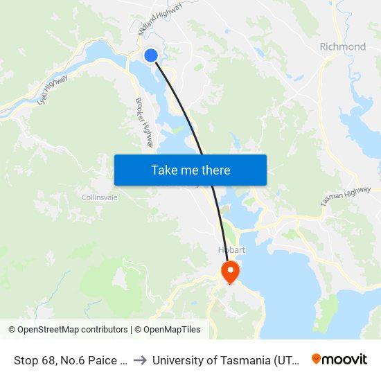 Stop 68, No.6 Paice St to University of Tasmania (UTAS) map