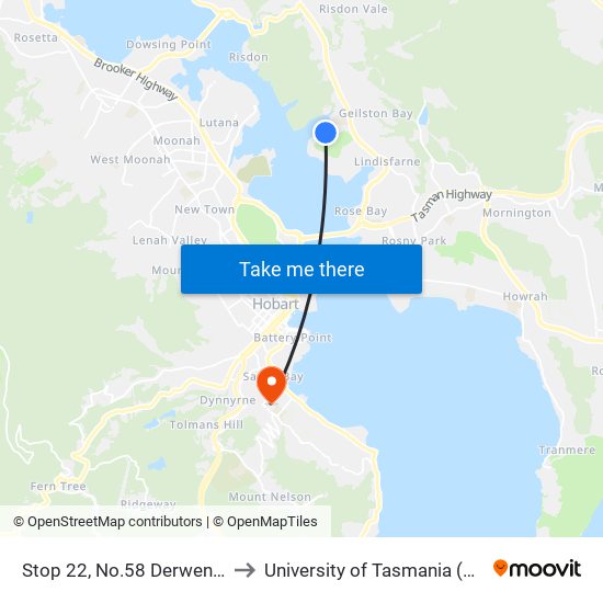 Stop 22, No.58 Derwent Ave to University of Tasmania (UTAS) map