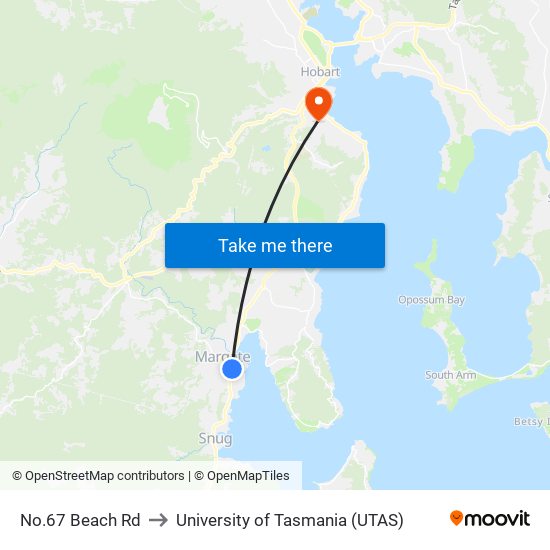 No.67 Beach Rd to University of Tasmania (UTAS) map