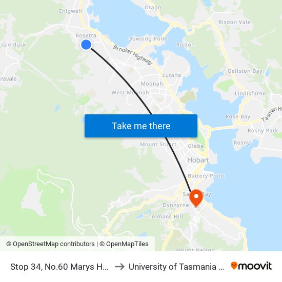 Stop 34, No.60 Marys Hope Rd to University of Tasmania (UTAS) map