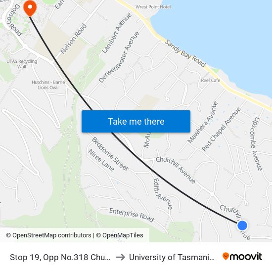 Stop 19, Opp No.318 Churchill Ave to University of Tasmania (UTAS) map