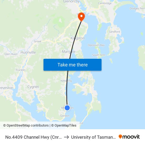 No.4409 Channel Hwy (Cnr Beach Rd) to University of Tasmania (UTAS) map
