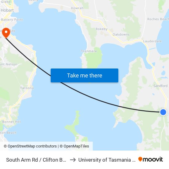 South Arm Rd / Clifton Beach Rd to University of Tasmania (UTAS) map