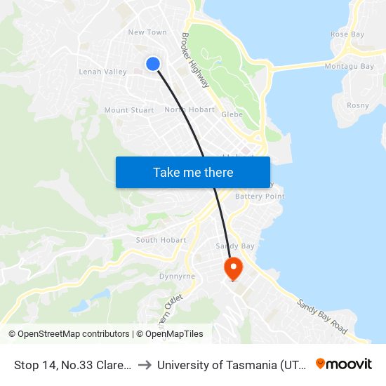 Stop 14, No.33 Clare St to University of Tasmania (UTAS) map