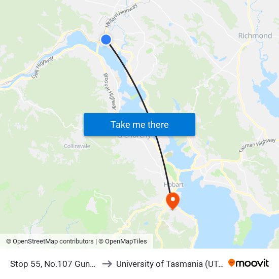 Stop 55, No.107 Gunn St to University of Tasmania (UTAS) map