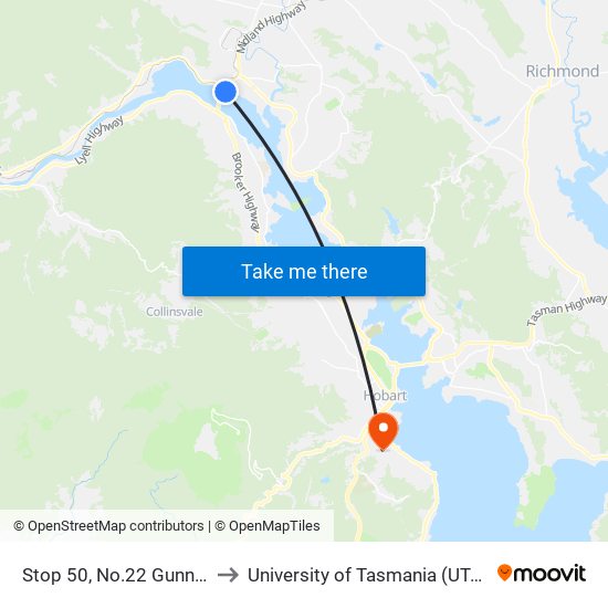 Stop 50, No.22 Gunn St to University of Tasmania (UTAS) map