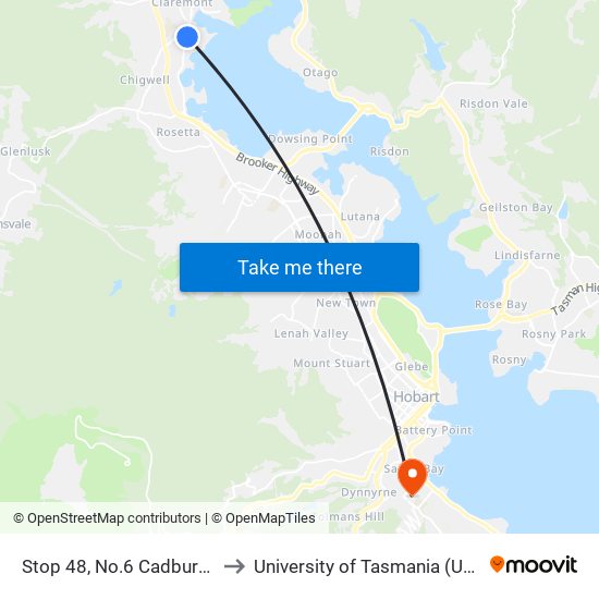 Stop 48, No.6 Cadbury Rd to University of Tasmania (UTAS) map