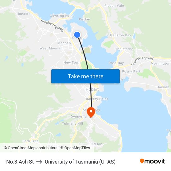 No.3 Ash St to University of Tasmania (UTAS) map