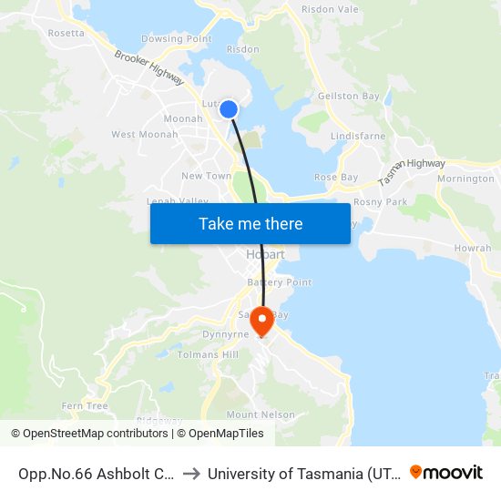 Opp.No.66 Ashbolt Cres to University of Tasmania (UTAS) map