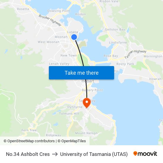 No.34 Ashbolt Cres to University of Tasmania (UTAS) map