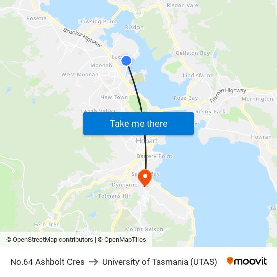 No.64 Ashbolt Cres to University of Tasmania (UTAS) map