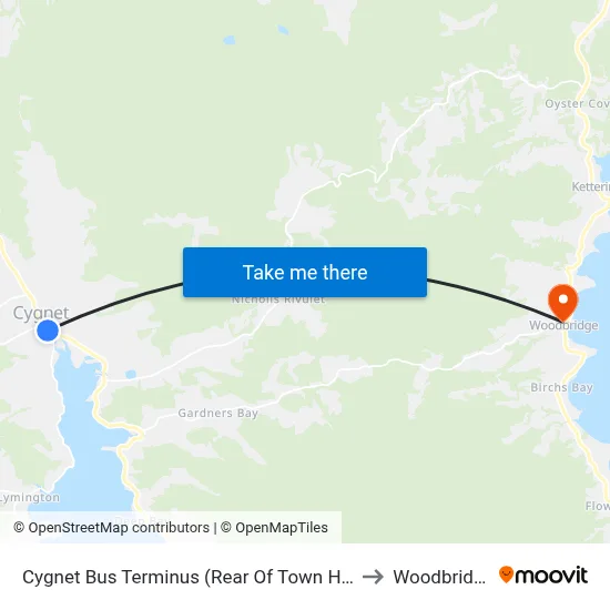 Cygnet Bus Terminus (Rear Of Town Hall) to Woodbridge map