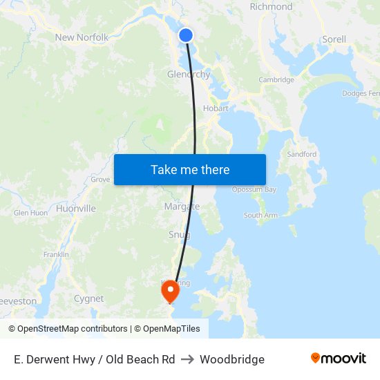 E. Derwent Hwy / Old Beach Rd to Woodbridge map