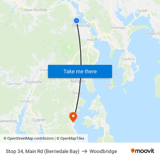 Stop 34, Main Rd (Berriedale Bay) to Woodbridge map