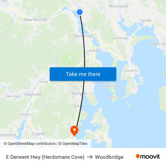 E Derwent Hwy (Herdsmans Cove) to Woodbridge map