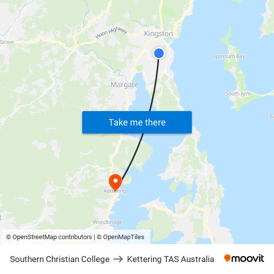 Southern Christian College to Kettering TAS Australia map