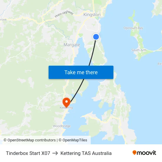 Tinderbox Start X07 to Kettering TAS Australia map