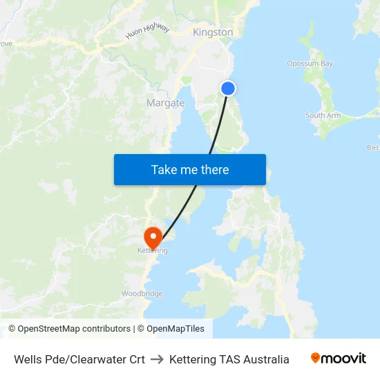 Wells Pde/Clearwater Crt to Kettering TAS Australia map