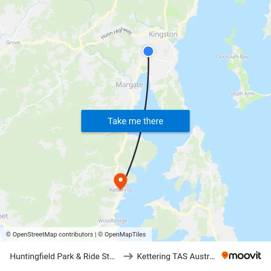 Huntingfield Park & Ride Stop B to Kettering TAS Australia map