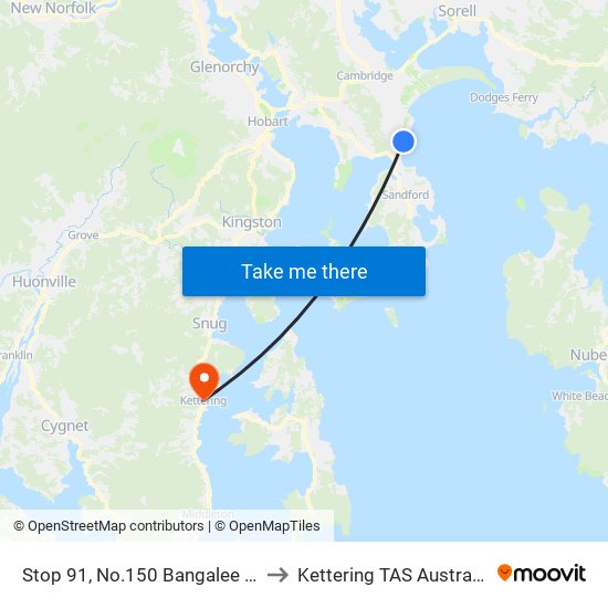 Stop 91, No.150 Bangalee St to Kettering TAS Australia map