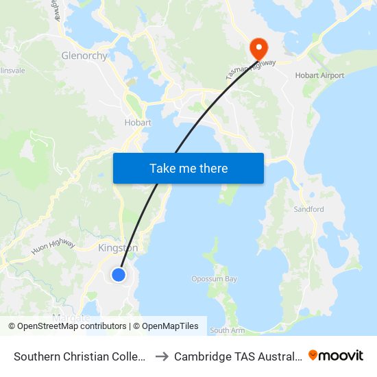 Southern Christian College to Cambridge TAS Australia map