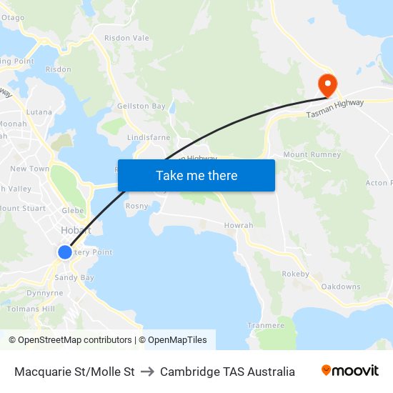 Macquarie St/Molle St to Cambridge TAS Australia map