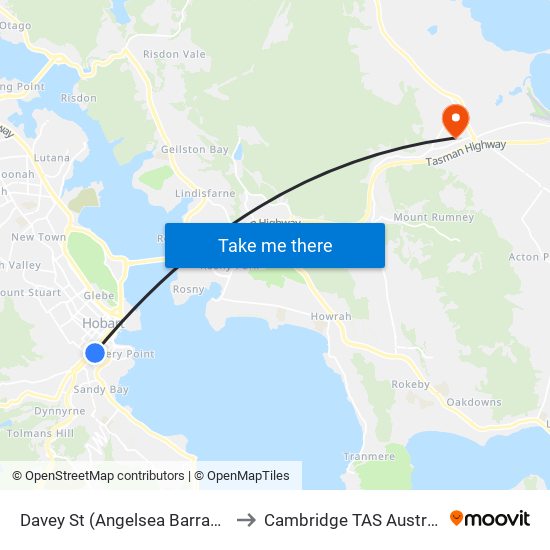 Davey St (Angelsea Barracks) to Cambridge TAS Australia map