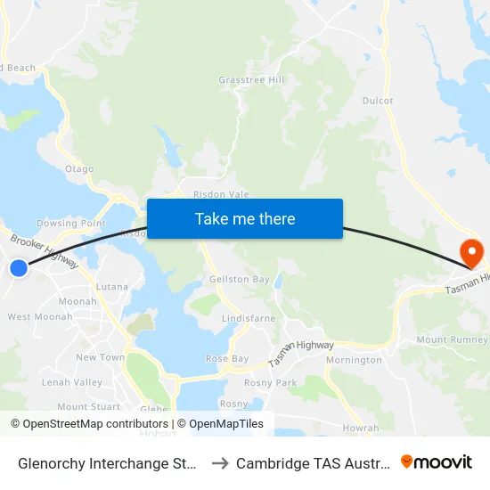 Glenorchy Interchange Stop D to Cambridge TAS Australia map