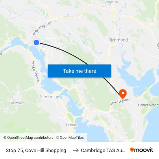 Stop 75, Cove Hill Shopping Centre to Cambridge TAS Australia map