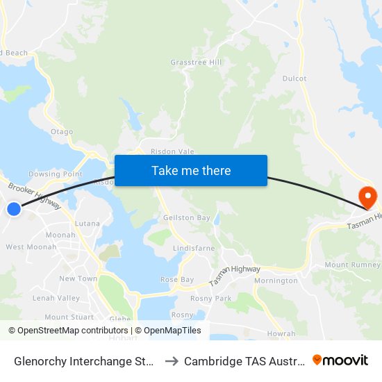 Glenorchy Interchange Stop E to Cambridge TAS Australia map