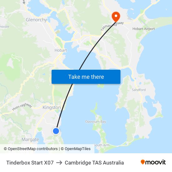 Tinderbox Start X07 to Cambridge TAS Australia map