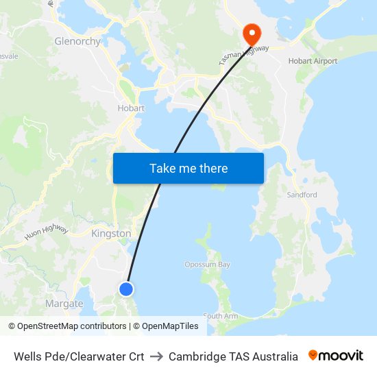 Wells Pde/Clearwater Crt to Cambridge TAS Australia map