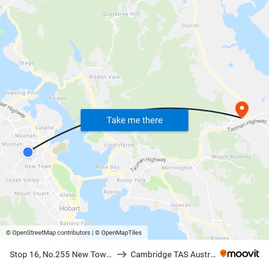 Stop 16, No.255 New Town Rd to Cambridge TAS Australia map