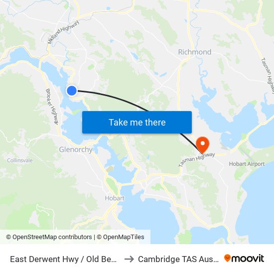 East Derwent Hwy / Old Beach Rd to Cambridge TAS Australia map