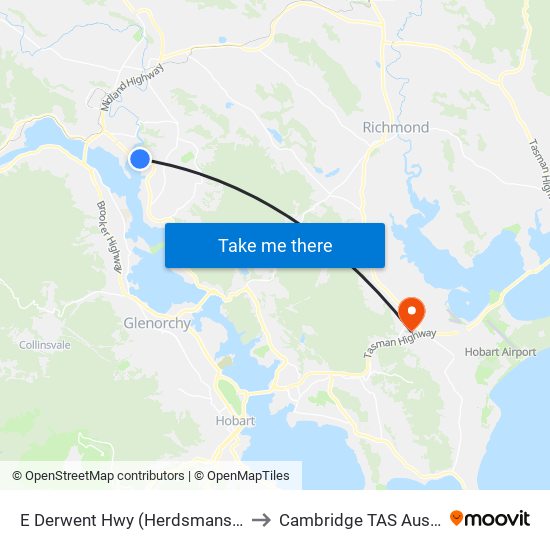 E Derwent Hwy (Herdsmans Cove) to Cambridge TAS Australia map