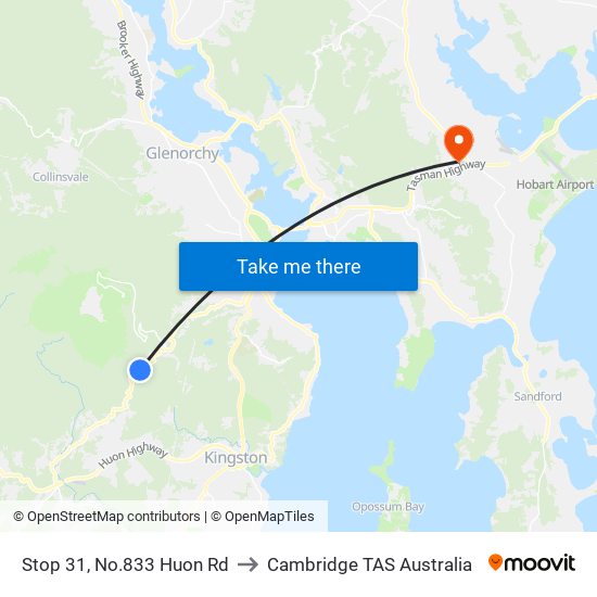 Stop 31, No.833 Huon Rd to Cambridge TAS Australia map